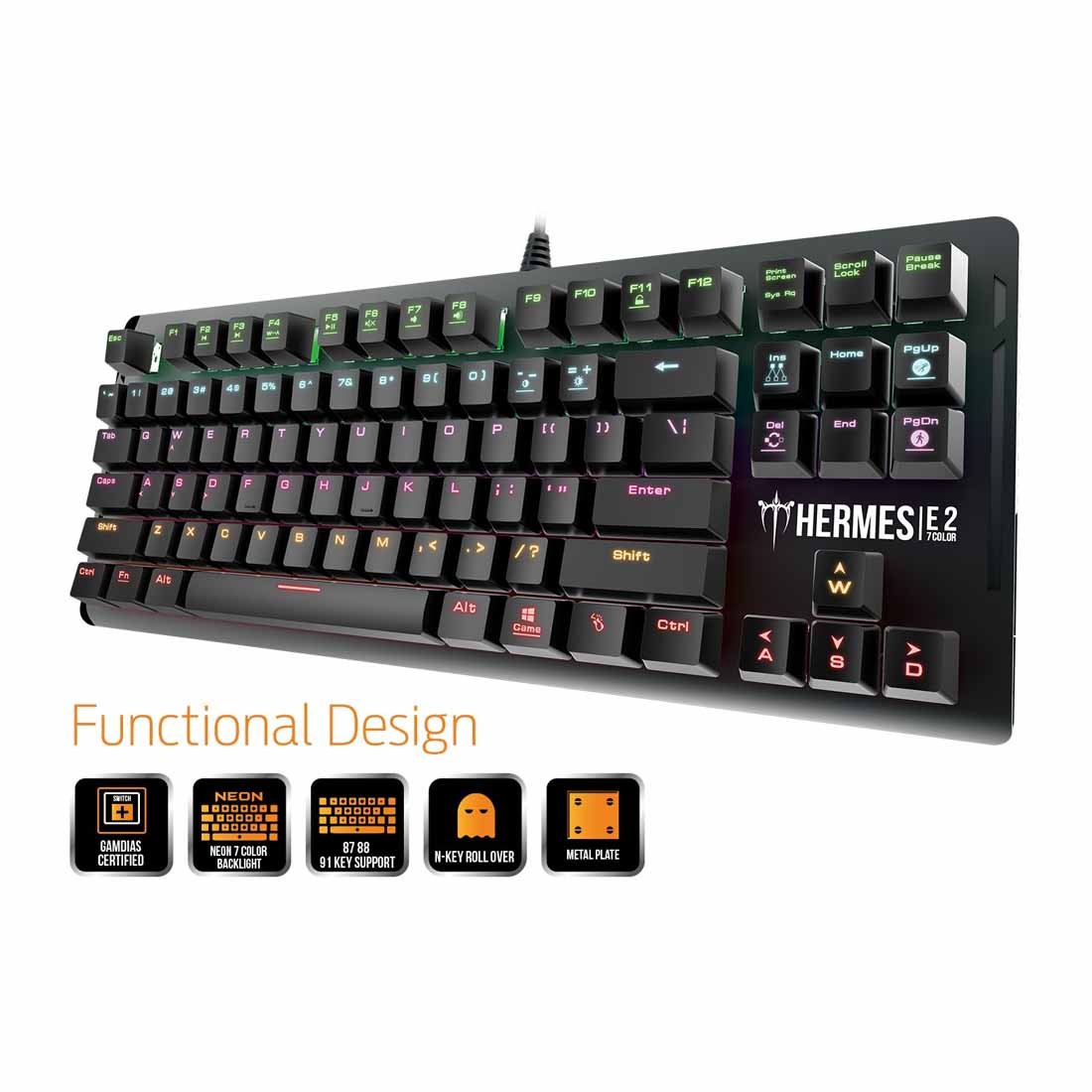 Gamdias HERMES E2 Mechanical Gaming Keyboard - 7 Color Neon Illumination with Onboard Memory