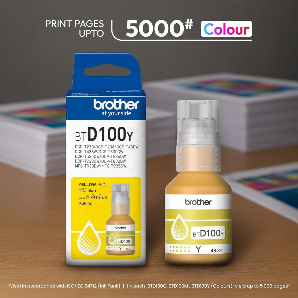 Brother BTD100Y High-Yield Yellow Ink Bottle, 50ml - 5,000 Page Capacity