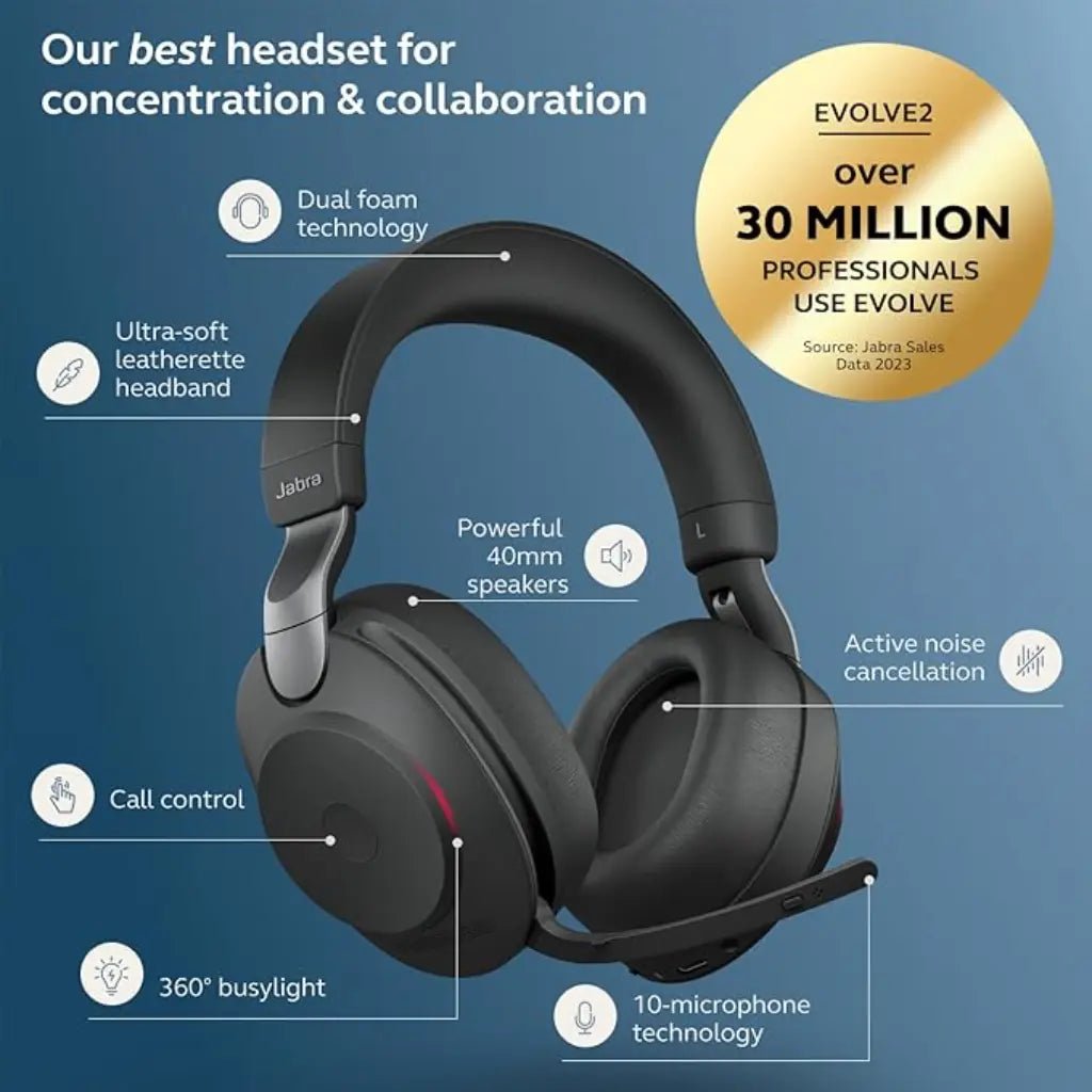 Jabra Evolve2 85 Professional Wireless Over-Ear Headset with Advanced Active Noise Cancellation and USB-C Bluetooth Adapter