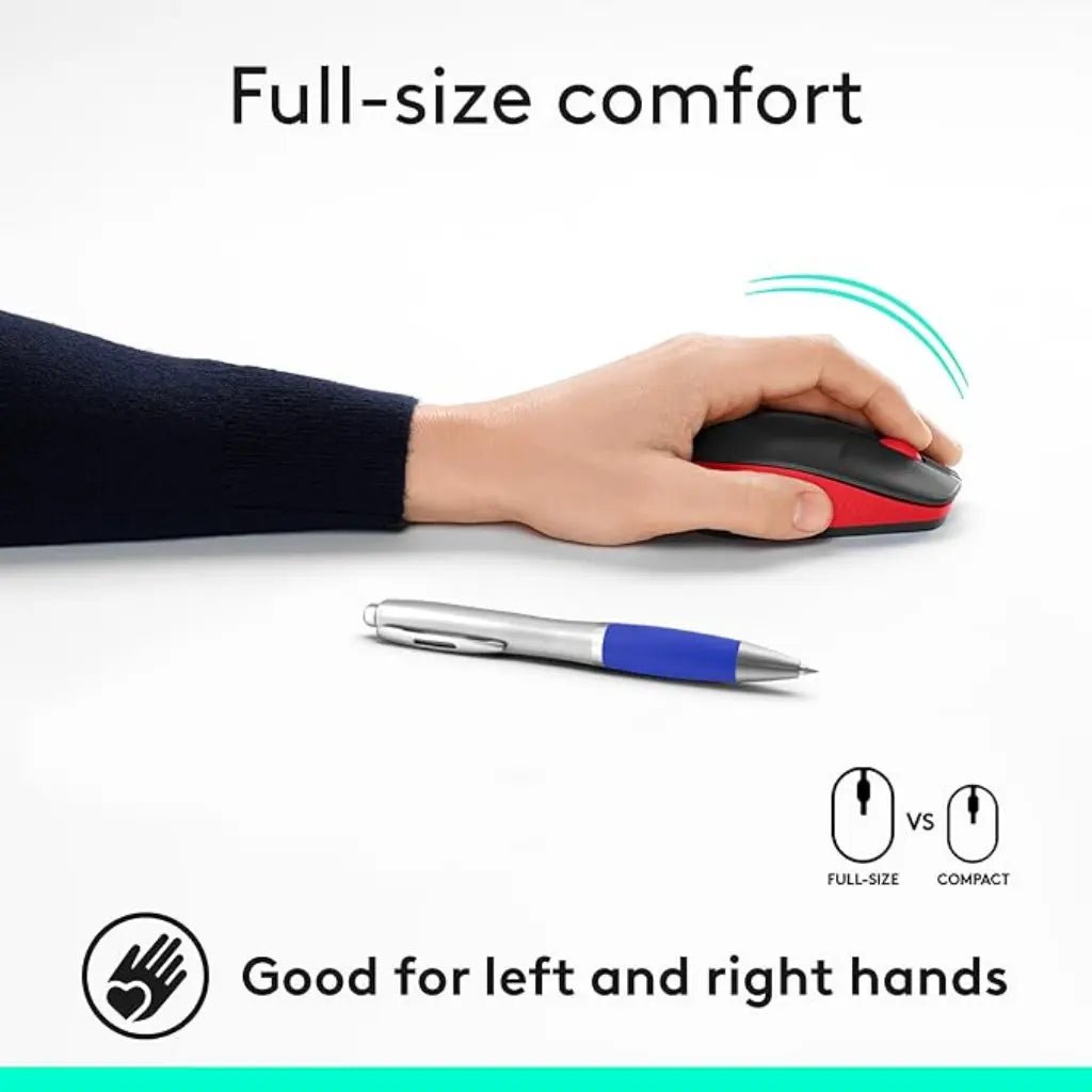 Logitech M190 Full-Size Ergonomic Wireless Optical Mouse, 1000 DPI, Red