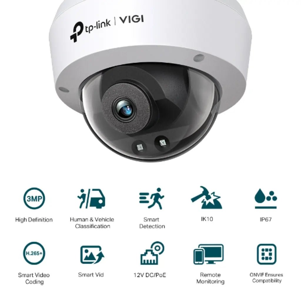 TP-Link VIGI C230I 3MP 4mm IR Dome Network Security Camera with AI Detection, IK10 Vandal-Proof, and IP67 Weatherproof Rating