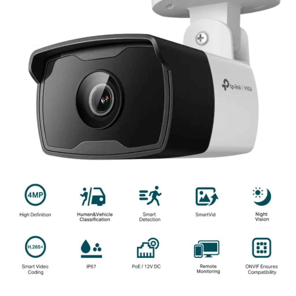 TP-Link VIGI C340I 4MP 4mm Outdoor IR Bullet Network Security Camera with AI Detection, IP67 Weatherproof, and PoE Support