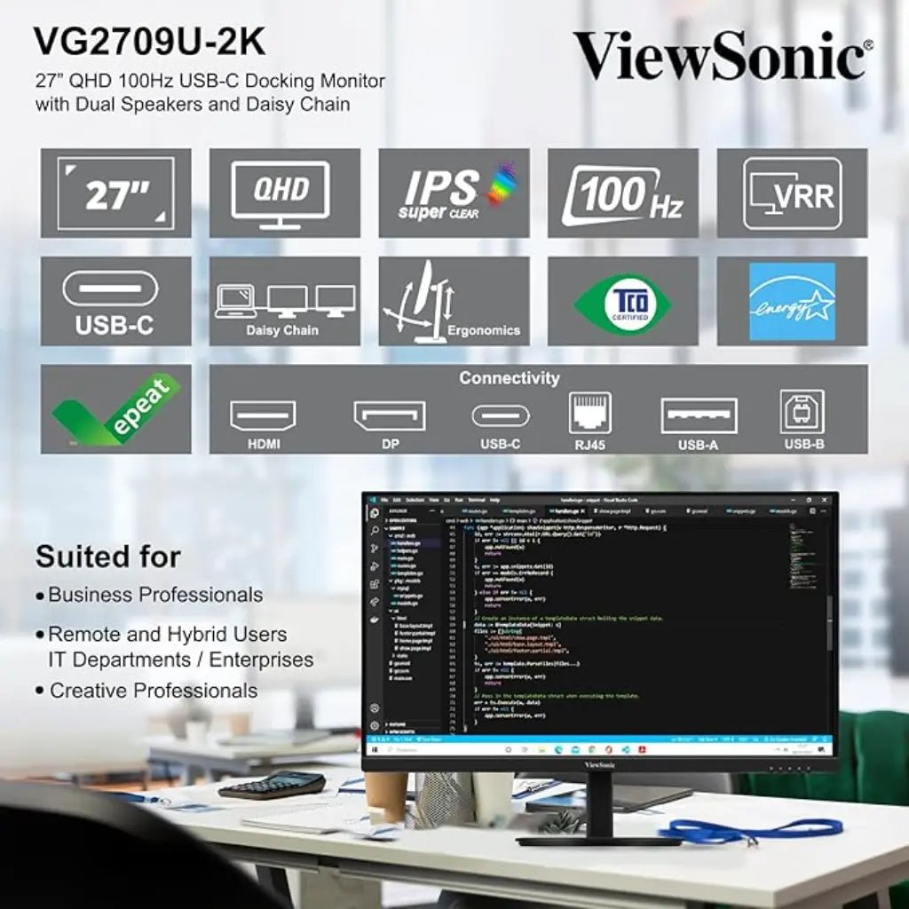 ViewSonic VG2709U-2K 27-inch QHD IPS 100Hz USB-C Ergonomic Docking Monitor with Built-in Speakers