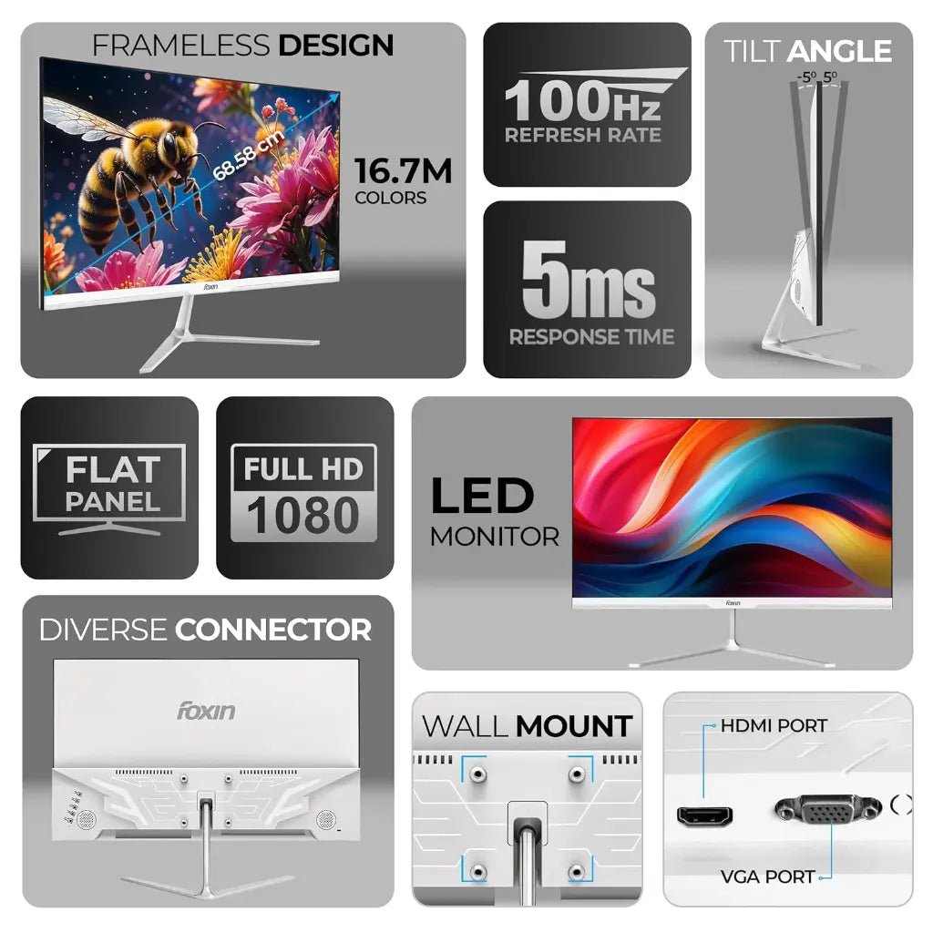 Foxin Elite Series 27-inch Full HD IPS LED Monitor, 100Hz Refresh Rate, 1ms Response Time, Flat Display