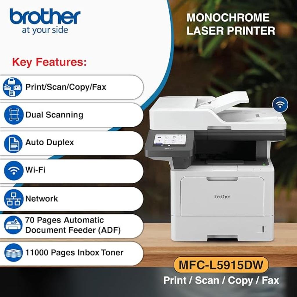Brother MFC-L5915DW Monochrome Laser Multifunction Printer with Duplex, ADF, WiFi, and LAN Connectivity
