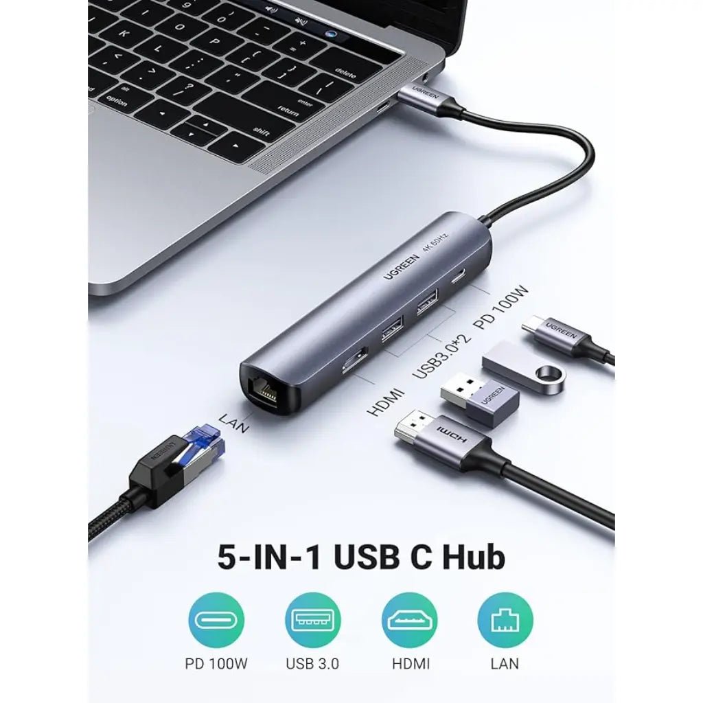 Ugreen 5-in-1 USB-C Hub with 4K HDMI, 2x USB 3.0 Ports, and 100W Power Delivery