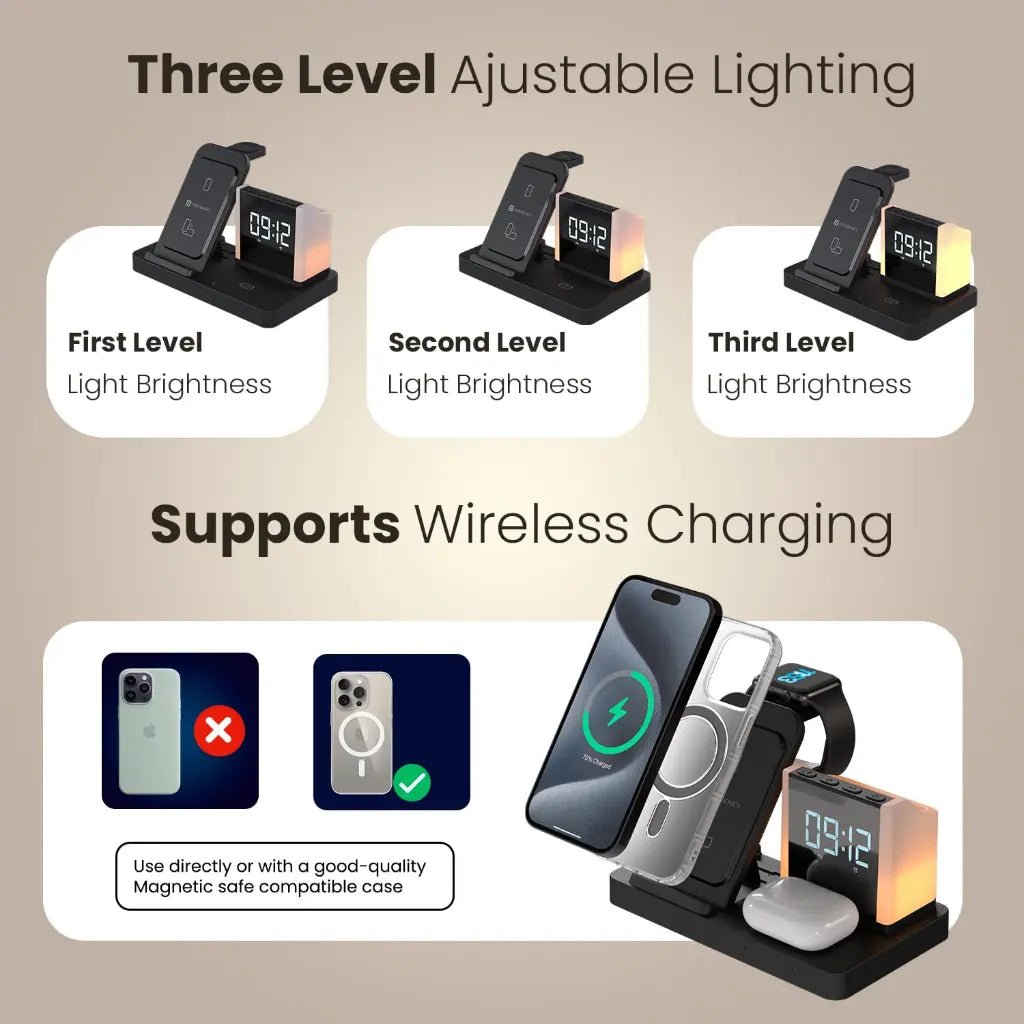 Portronics Hexacharge POR 2128 6-in-1 15W Fast Wireless Charging Station with Digital Alarm Clock and LED Display