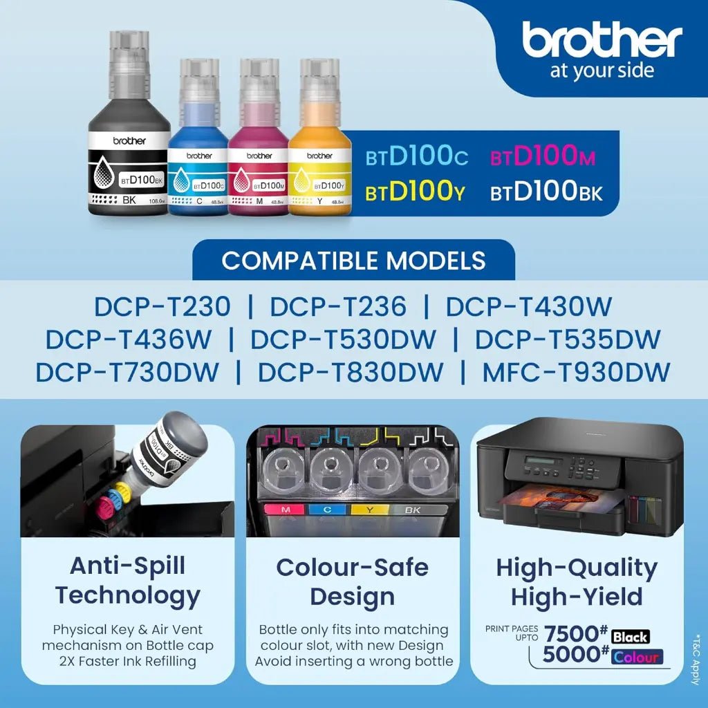 Brother BTD100C Cyan Ink Bottle, 50ml High Yield Original Ink for Brother DCP and MFC Ink Tank Printers (Up to 5000 Pages)