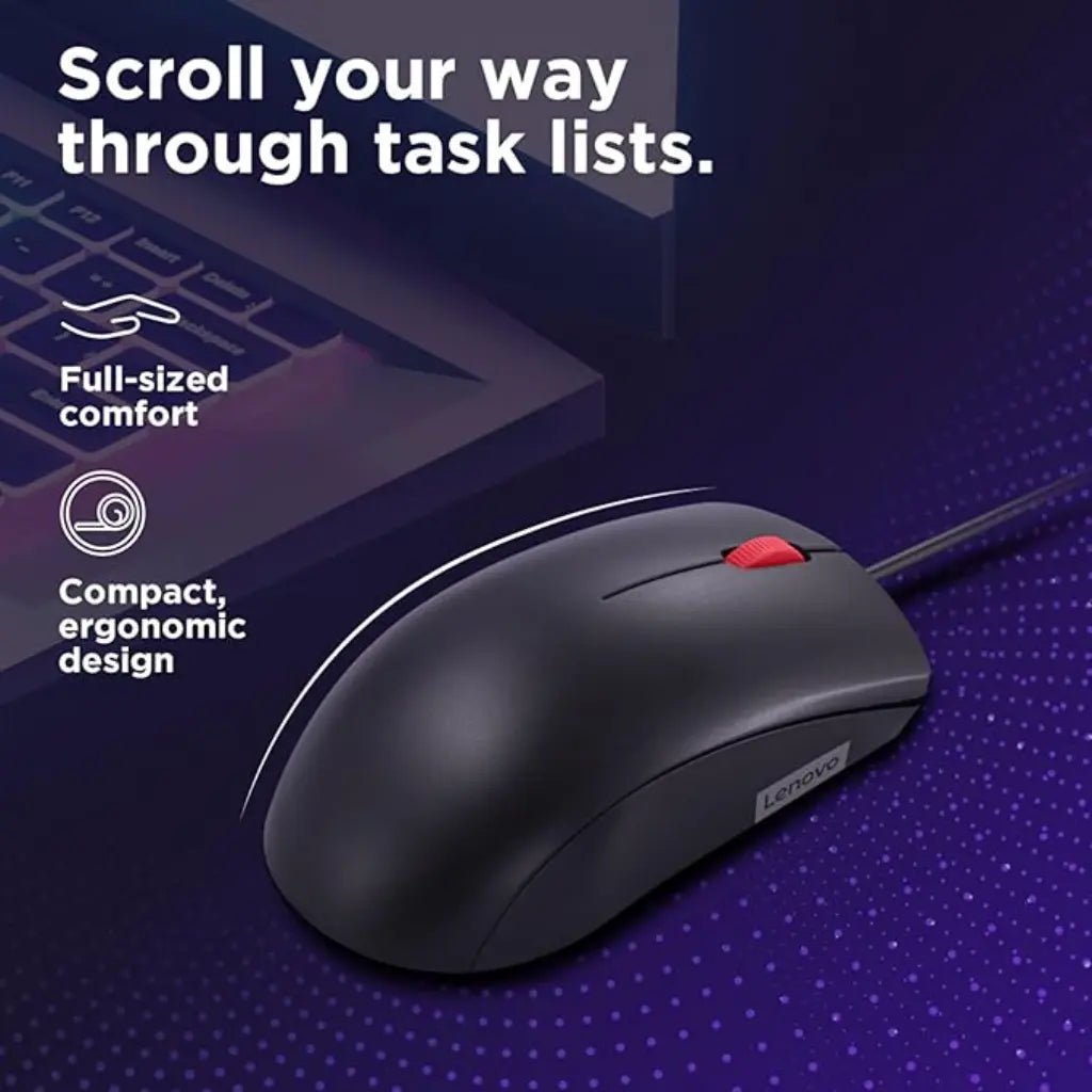 Lenovo 120 Wired Optical Mouse, USB-A, 1600 DPI, Ergonomic Design - Black