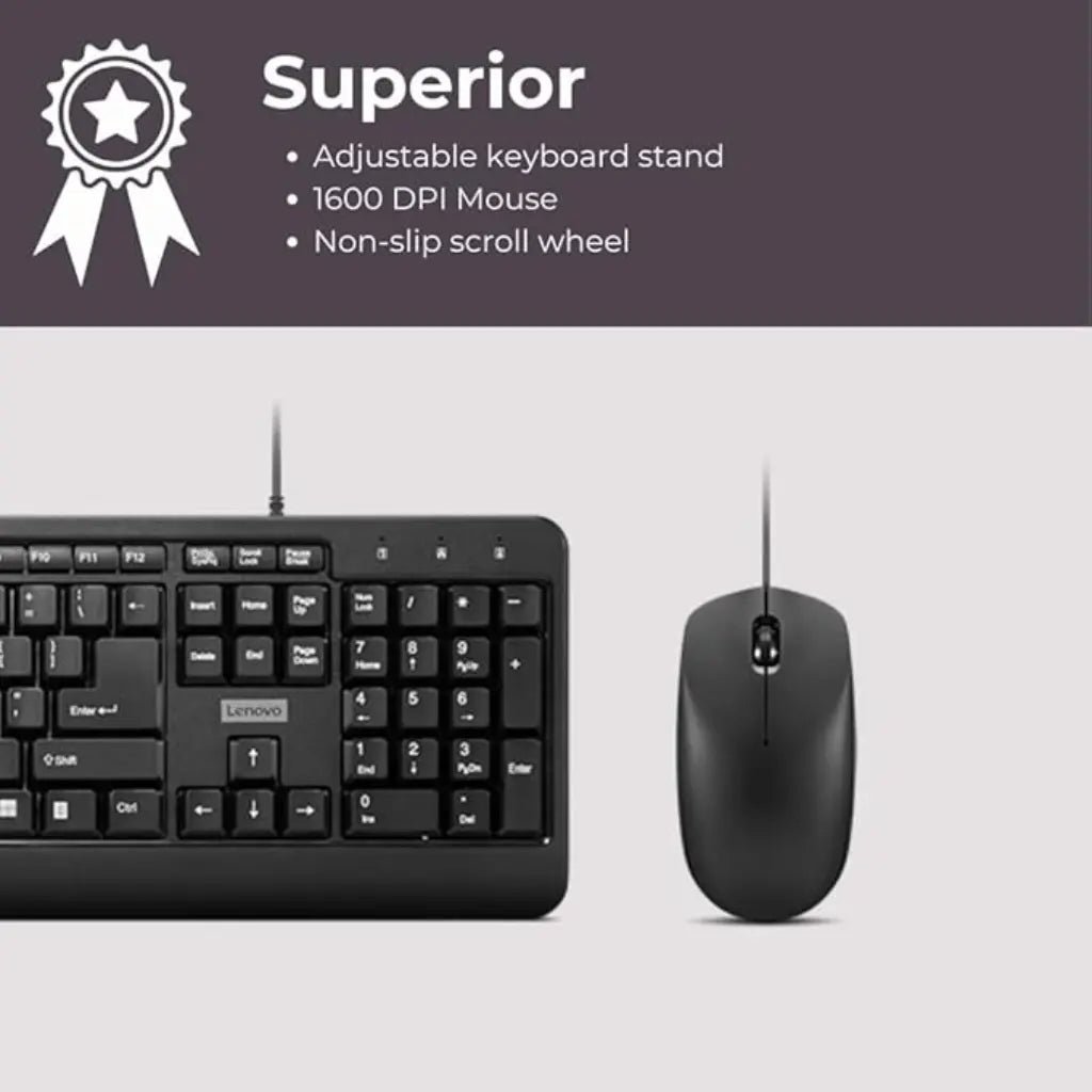 Lenovo 160 Wired USB-A Keyboard and Mouse Combo, 1600 DPI Optical Sensor, Black