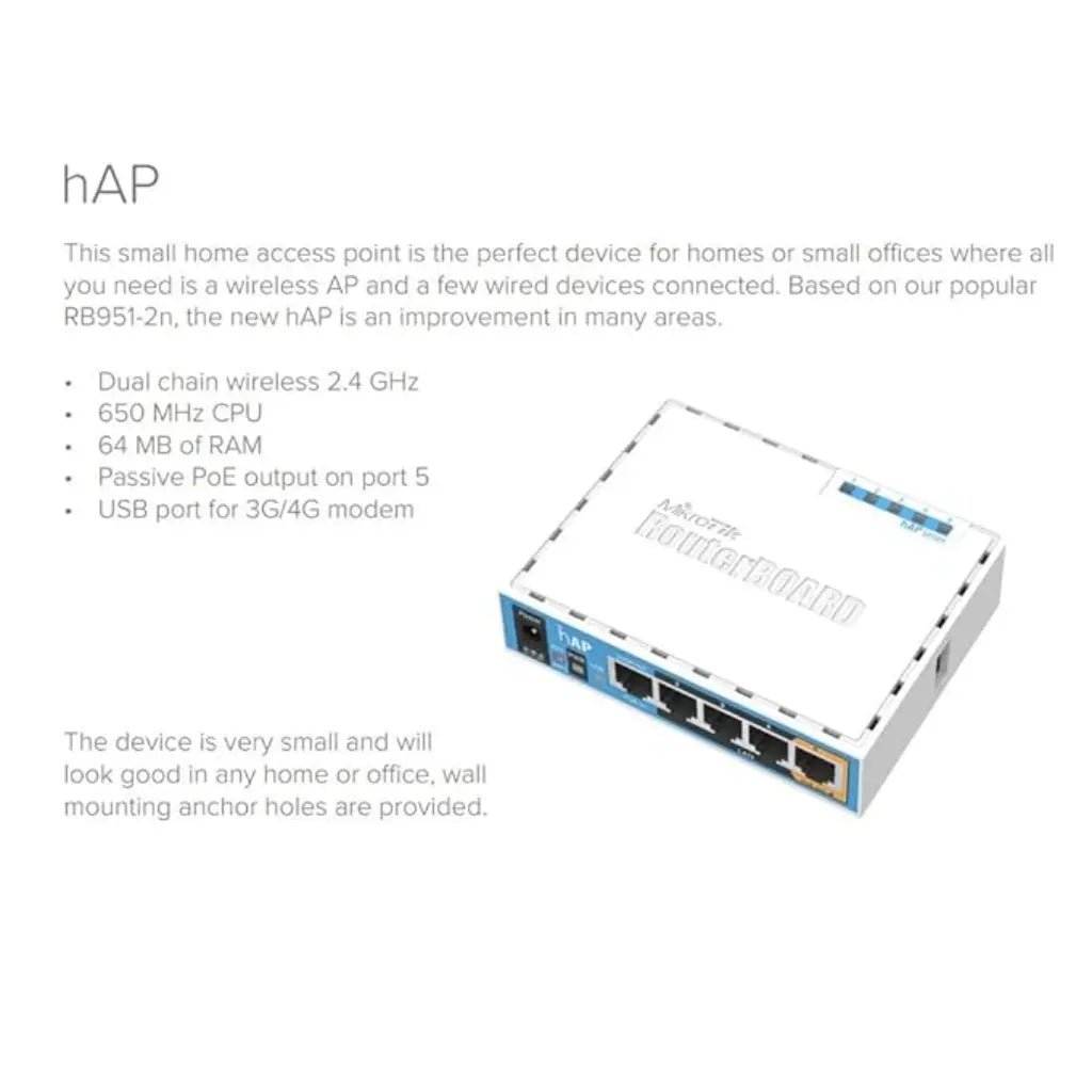 MikroTik hAP (RB951Ui-2nD) 2.4GHz Wi-Fi 4 Wireless Access Point with USB Port