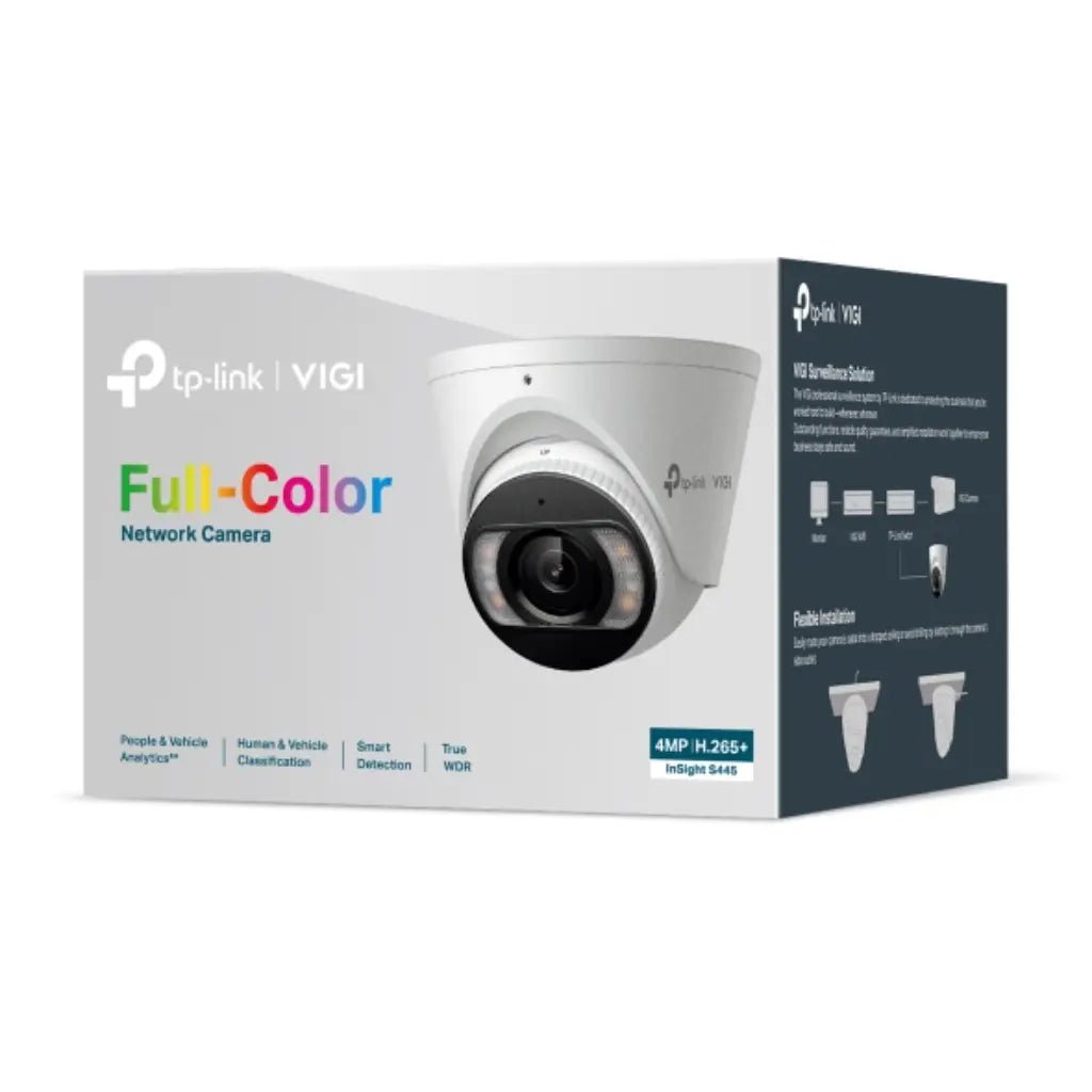 TP-Link VIGI InSight S445 4MP 2.8mm Full-Color Turret Network Security Camera with AI Analytics, IP67 Weatherproof, H.265+ Compression, and PoE Support