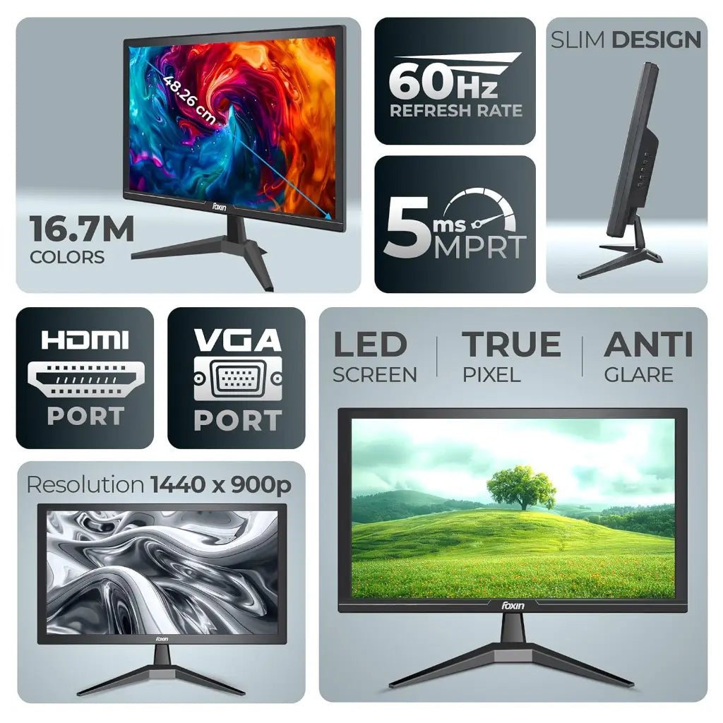 Foxin 24-Inch Full HD 1080p LED Monitor, 60Hz Refresh Rate, 5ms Response Time, Flat Screen, Wall Mountable