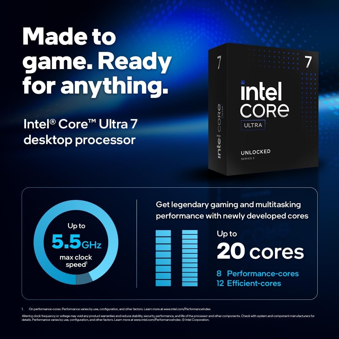 Intel Core Ultra 7 265KF Desktop Processor, 20 Cores, 20 Threads, 3.9GHz, LGA1851 Socket, 30MB Cache