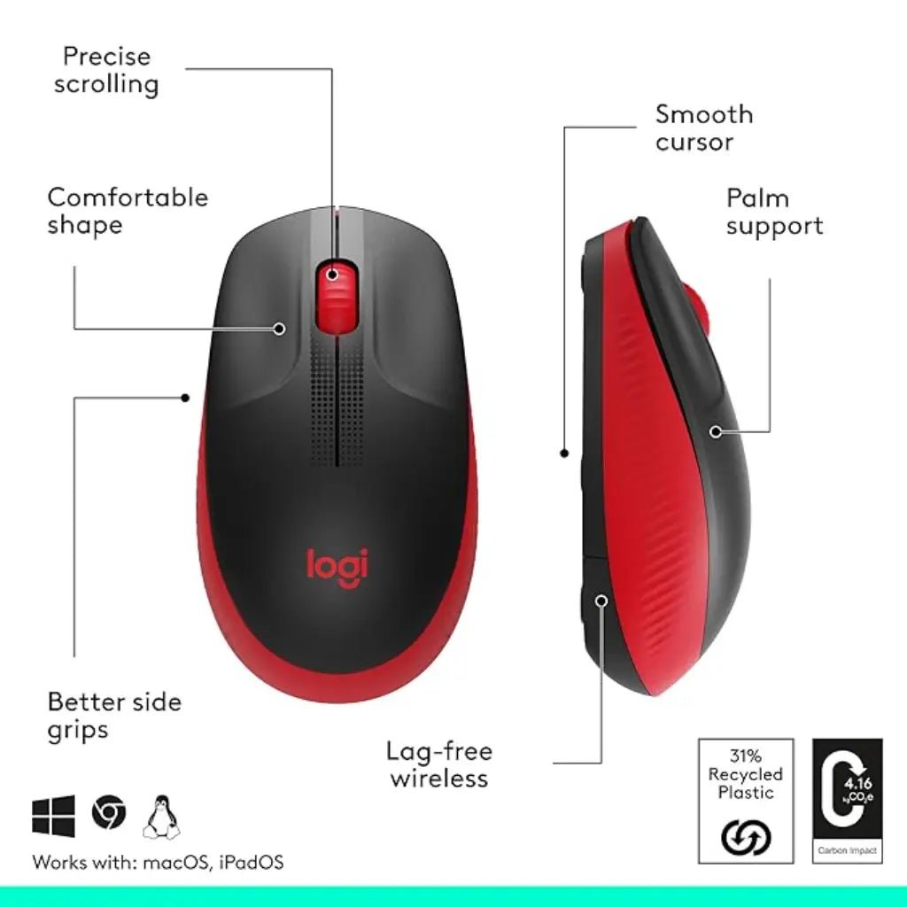 Logitech M190 Full-Size Ergonomic Wireless Optical Mouse, 1000 DPI, Red