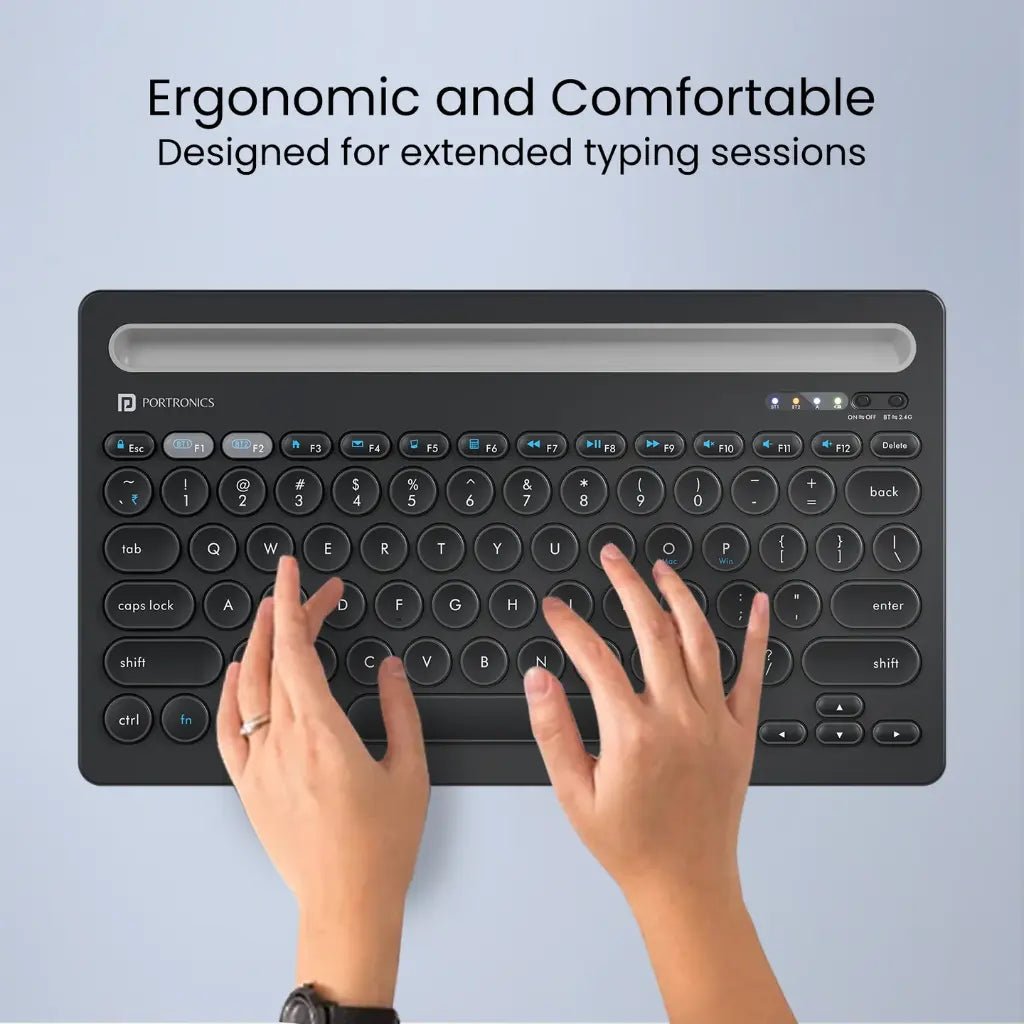 Portronics Bubble Dock Wireless Keyboard (POR 2192) - Dual Connectivity, Multi-Device Pairing, and Integrated Tablet Holder