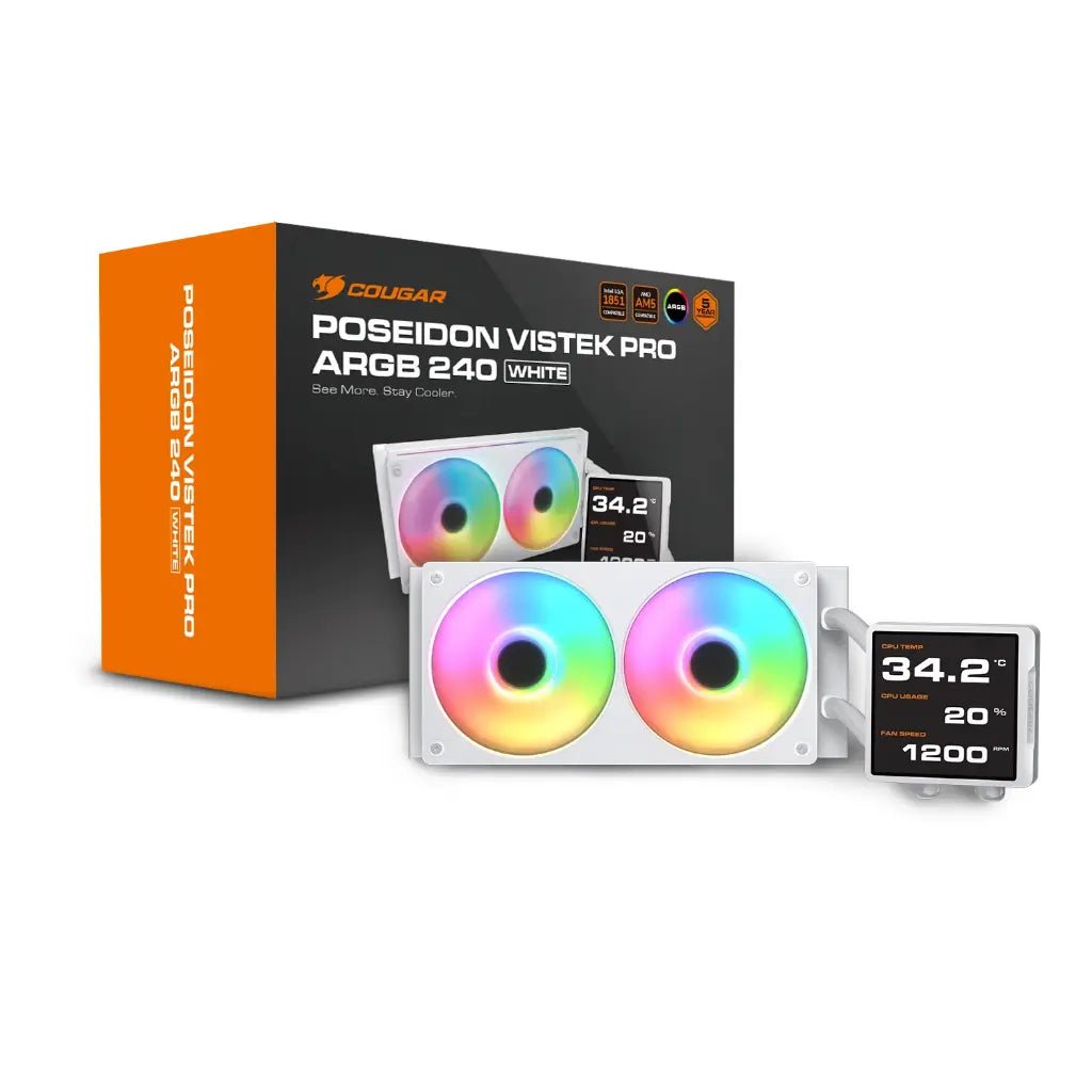 Cougar Poseidon Vistek Pro 360mm ARGB AIO Liquid CPU Cooler with 3.95-Inch IPS LCD Screen - White Edition