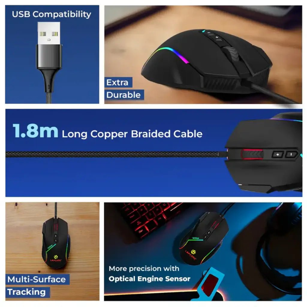 Lapcare Champ LGM-108 Wired RGB Gaming Mouse, 7200 DPI Optical Sensor, Ergonomic Anti-Slip Design