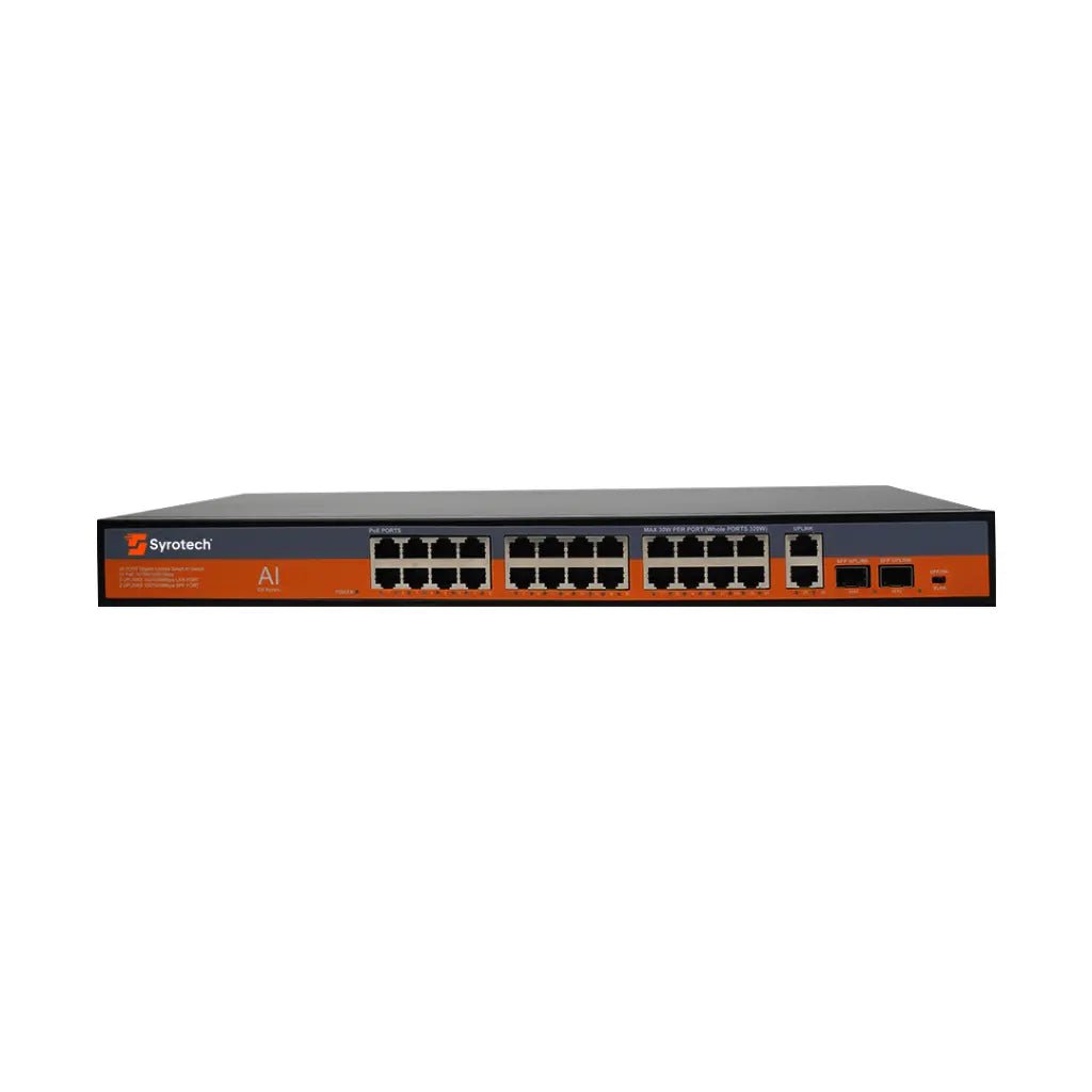Syrotech 24-Port Gigabit Unmanaged PoE Switch, 400W Power Budget, Model SY-2400P-2T-2S