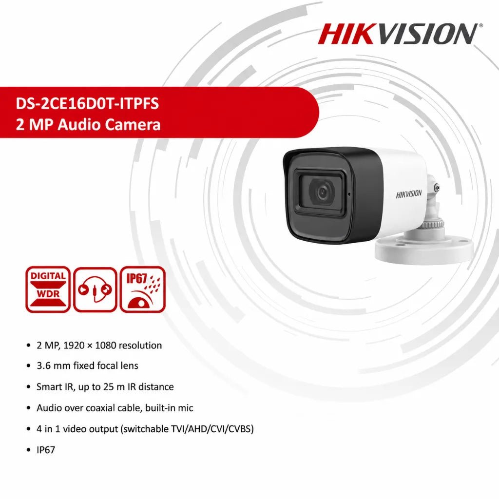 Hikvision DS-2CE16D0T-ITPFS 2MP HD 1080p Fixed Bullet Security Camera with Built-in Microphone